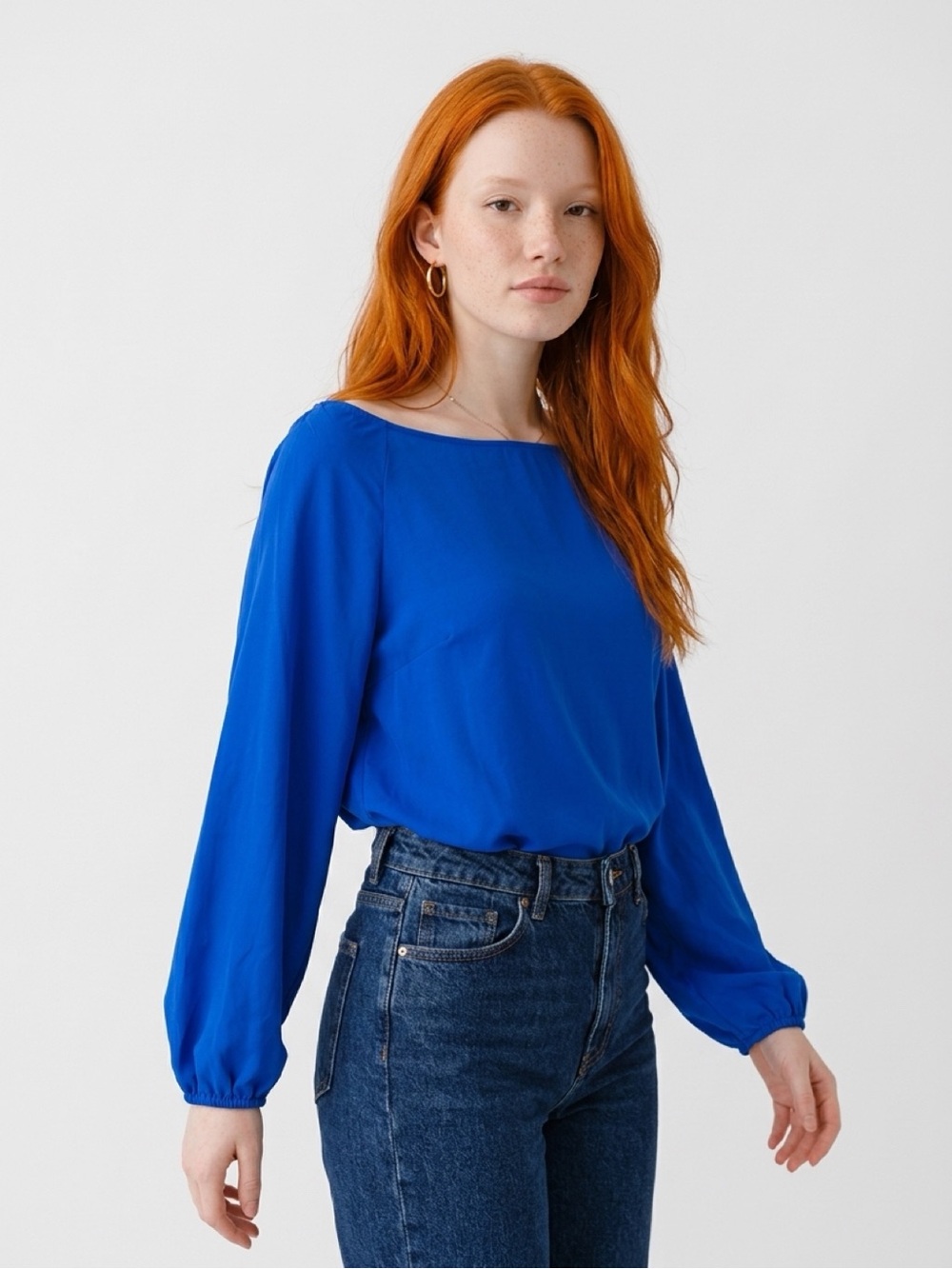 City chic Blue Long-Sleeve Women's Blouse - Classic Boat Neck